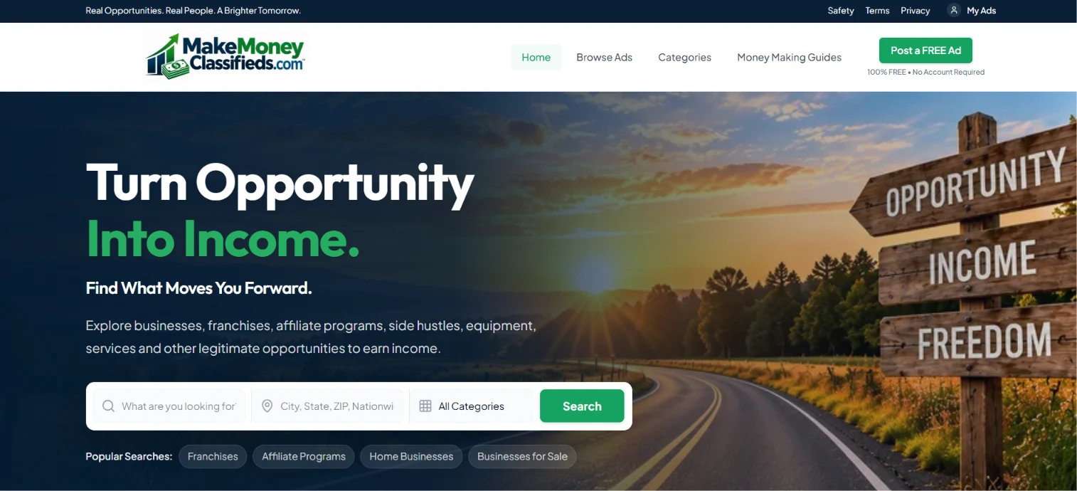 Make Money Classifieds website screenshot