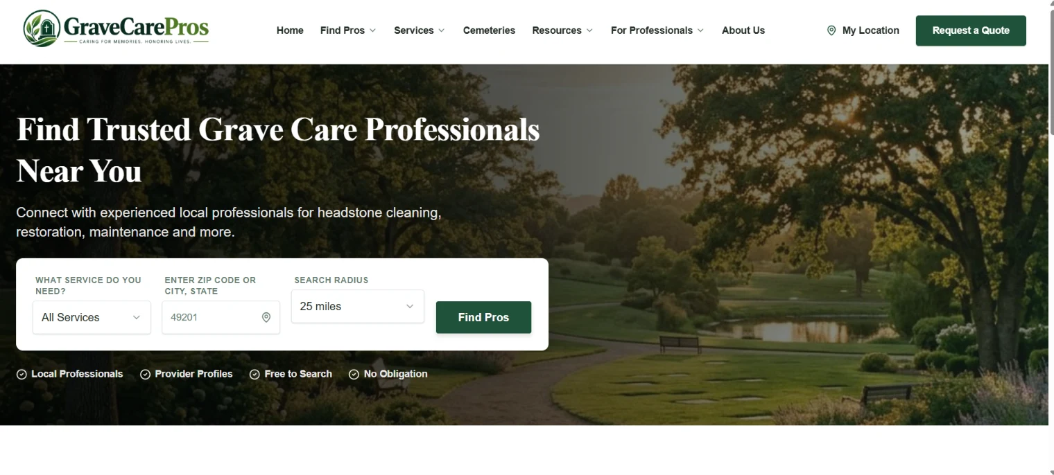 Grave Care Pros website screenshot